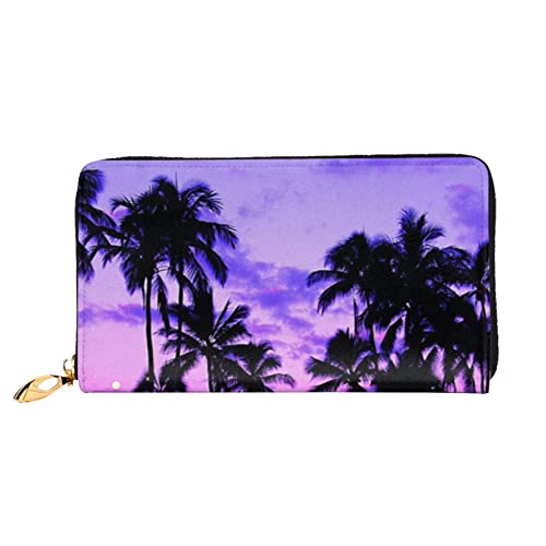 LAMAME Palm Tree Purple Sunset Printed Leather Wallet with Zip Pocket Long Clutch Portable Travel Wallet, Palme Purple Sunset, Einheitsgröße von LAMAME