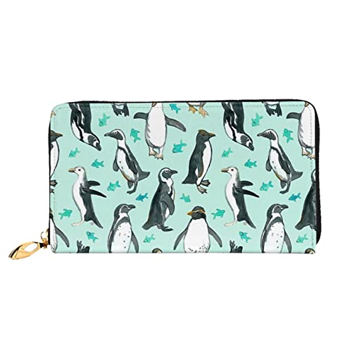 LAMAME Palm Tree Purple Sunset Printed Leather Wallet with Zip Pocket Long Clutch Portable Travel Wallet, Süße Pinguine, Einheitsgröße von LAMAME