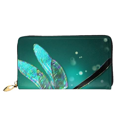 LAMAME Pfauenmuster Bedruckte Ledergeldbörse mit Reißverschlusstasche Lange Clutch Tragbare Reisebrieftasche, Galaxy Tier Libelle, Einheitsgröße von LAMAME