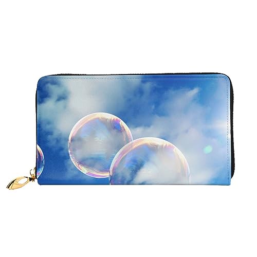 LAMAME Schöne Elefanten-bedruckte Ledergeldbörse mit Reißverschlusstasche lange Kupplung tragbare Reise-Brieftasche, Bubbles Blue Sky, Einheitsgröße von LAMAME