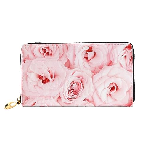 LAMAME Schöne Elefanten-bedruckte Ledergeldbörse mit Reißverschlusstasche lange Kupplung tragbare Reise-Brieftasche, Rosa frische Rosen, Einheitsgröße von LAMAME