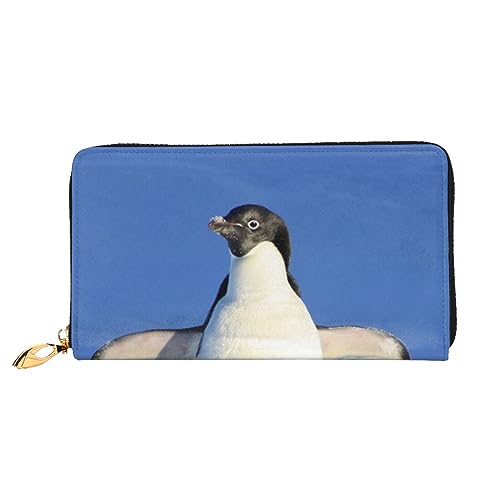 LAMAME Seesternmuschel Blau Holz am Strand Landschaft Bedruckte Leder Geldbörse mit Reißverschlusstasche Lange Clutch Tragbare Reise Brieftasche, Süßer Pinguin, Einheitsgröße von LAMAME