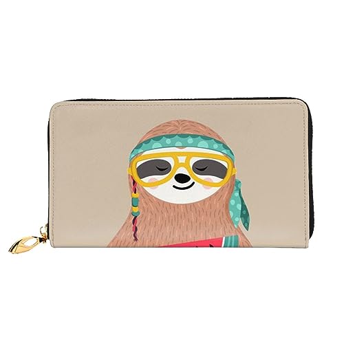 LAMAME Seesternmuschel Blau Holz am Strand Landschaft Bedruckte Leder Geldbörse mit Reißverschlusstasche Lange Clutch Tragbare Reise Brieftasche, Süßer Slooth, Einheitsgröße von LAMAME