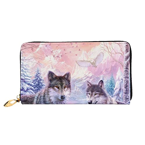 LAMAME Trendy Wolf Gedruckt Leder Geldbörse mit Reißverschluss Tasche Lange Kupplung Tragbare Reise Brieftasche, Winterwolf-Familie., Einheitsgröße von LAMAME