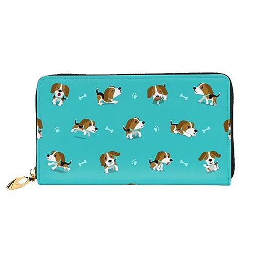 LAMAME Wassermelonengrün bedruckte Ledergeldbörse mit Reißverschlusstasche Lange Clutch Tragbare Reisebrieftasche, Cartoon Beagle Hund, Einheitsgröße von LAMAME