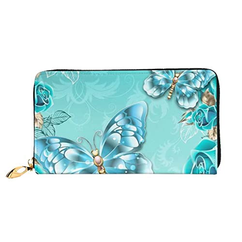 LAMAME Wassermelonengrün bedruckte Ledergeldbörse mit Reißverschlusstasche Lange Clutch Tragbare Reisebrieftasche, Hellblauer Schmetterling, Einheitsgröße von LAMAME