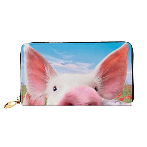 LAMAME Wassermelonengrün bedruckte Ledergeldbörse mit Reißverschlusstasche Lange Clutch Tragbare Reisebrieftasche, Lustiges süßes Schwein, Einheitsgröße von LAMAME