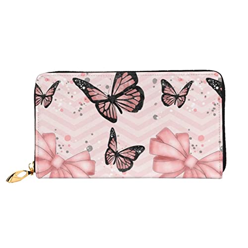 LAMAME Wassermelonengrün bedruckte Ledergeldbörse mit Reißverschlusstasche Lange Clutch Tragbare Reisebrieftasche, Schmetterling pink, Einheitsgröße von LAMAME