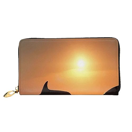 LAMAME Wassermelonengrün bedruckte Ledergeldbörse mit Reißverschlusstasche Lange Clutch Tragbare Reisebrieftasche, Sonnenuntergang Delphin, Einheitsgröße von LAMAME