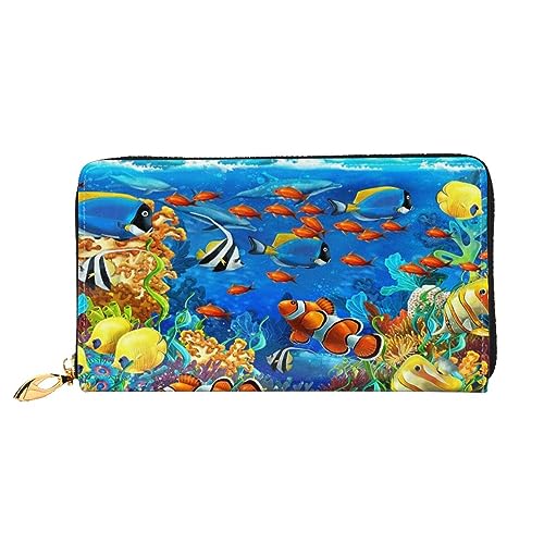 LAMAME Weihnachten Karton Schneemann Gedruckt Große Reise Brieftasche Männer Frauen Reißverschluss Clutch Kartenhalter, Ocean Tropical Fish Coral Undersea World, Einheitsgröße von LAMAME