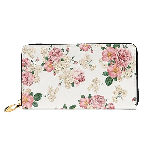 LAMAME Weihnachten Karton Schneemann Gedruckt Große Reise Brieftasche Männer Frauen Reißverschluss Clutch Kartenhalter, Rosa Rose Blume mit Blättern, Einheitsgröße von LAMAME