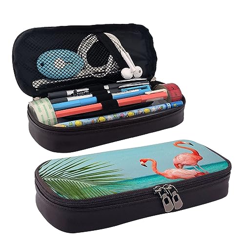 LAMAME Wild Animals Retro Farmhouse Printed Flap Zip Pencil Case Portable Stationery Case Leather Pencil Case, Flamingo im Wasser, Einheitsgröße, Münzbeutel von LAMAME