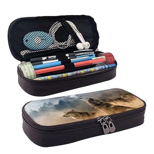 LAMAME Wild Animals Retro Farmhouse Printed Flap Zip Pencil Case Portable Stationery Case Leather Pencil Case, wolf, Einheitsgröße, Münzbeutel von LAMAME