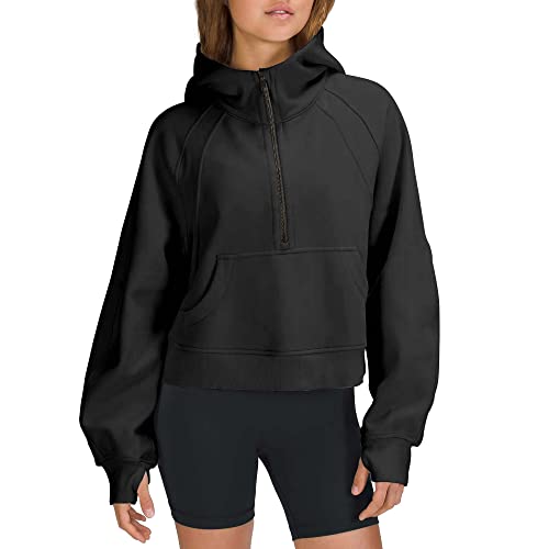 Damen Kapuzenpullover mit halbem Reißverschluss, Scuba-Kapuzenpullover, 1/2-Reißverschluss, bauchfreie Sweatshirts für Damen, Fleece-gefütterte Hoodies, bauchfreie LULU Dupes, Schwarz, S von LAMOER