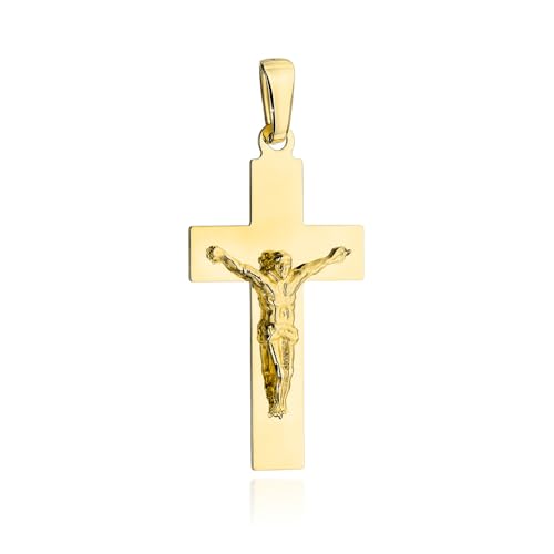 LAMUR Kreuzanhänger mit Jesus aus 585er-Gold, Christliches Kreuz Anhänger 32 x 15 mm, für Kommunion, Konfirmation, Echtgold, für Kette bis zu 6/3 mm von LAMUR