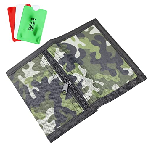 RFID-Schlanke Camouflage-Geldbörse mit 3 RFID-Blocker-Kartenhalter für Kinder/dreifach gefaltete Brieftaschen für Herren/Mini-Münzgeldbörse mit Reißverschluss für Kinder (Armeegrün), grün von LAMXD