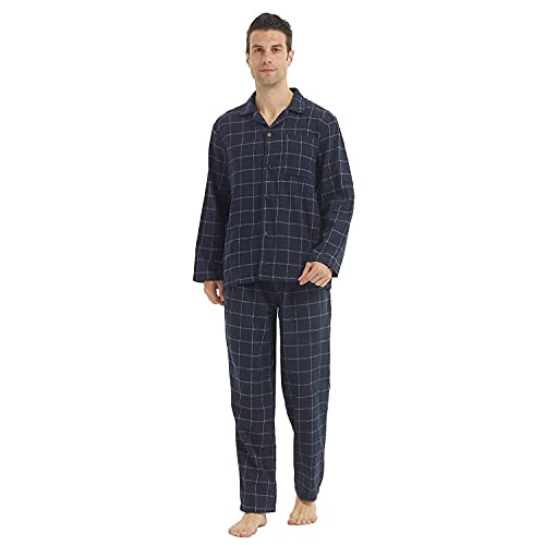 Herren Flanell-Schlafanzug Langarm aus weicher Baumwolle Nachtwäsche Karierte Hemd mit Knopfleiste Oberteil, marineblau, Large von LANBAOSI