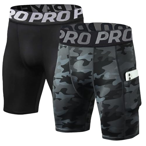 LANBAOSI 2-3er Pack Herren Kompressionsshorts mit Tasche Laufen Fitnessstudio Sportliche Strumpfhose Baselayer Sommer Schnell Trocknende Sporthose von LANBAOSI