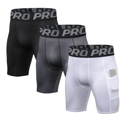 LANBAOSI 2-3er Pack Herren Kompressionsshorts mit Tasche Laufen Fitnessstudio Sportliche Strumpfhose Baselayer Sommer Schnell Trocknende Sporthose von LANBAOSI