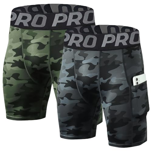 LANBAOSI 2-3er Pack Herren Kompressionsshorts mit Tasche Laufen Fitnessstudio Sportliche Strumpfhose Baselayer Sommer Schnell Trocknende Sporthose von LANBAOSI