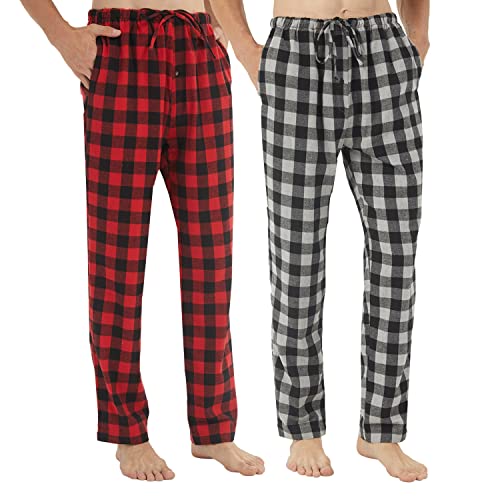 LANBAOSI 2er-Pack Herren-Pyjamahose aus Baumwolle, Flanell Karierte Loungehose mit Taschen, Kordelzug, weiche Pyjamahose, Karierte Loungewear von LANBAOSI