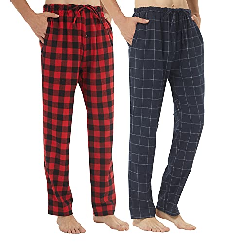 LANBAOSI 2er-Pack Herren-Pyjamahose aus Baumwolle, Flanell Karierte Loungehose mit Taschen, Kordelzug, weiche Pyjamahose, Karierte Loungewear von LANBAOSI