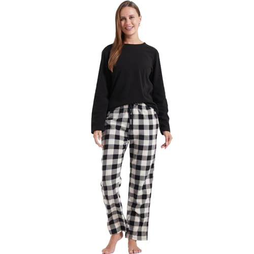 LANBAOSI Damen Schlafanzug Lang Pyjama Set Nachtwäsche Zweiteiliger Sleepwear Langarmshirt Soft Hose Loungewear Hausanzug mit Karierte Hose von LANBAOSI