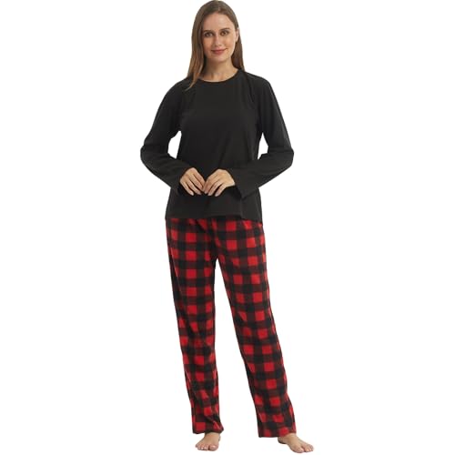 LANBAOSI Damen Schlafanzug Lang Pyjama Set Nachtwäsche Zweiteiliger Sleepwear Langarmshirt Soft Hose Loungewear Hausanzug mit Karierte Hose von LANBAOSI