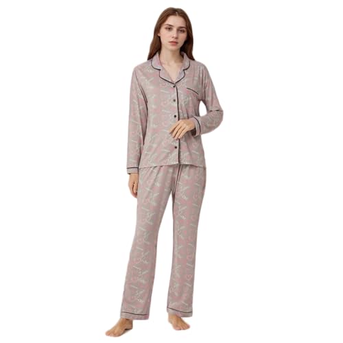 LANBAOSI Damen Schlafanzug Langarm mit Herzmuster – Zweiteiliges Pyjama-Set aus weicher Nachtwäsche für erholsamen Schlaf von LANBAOSI