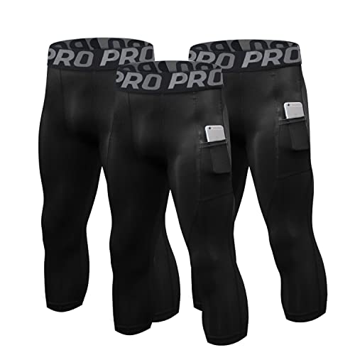LANBAOSI 3er Pack Herren-Laufleggings 3/4-Kompressionsstrumpfhose Reiten Baselayer-Hose Wandern Fitnesstraining Jogging Sporthose 3er-Pack von LANBAOSI