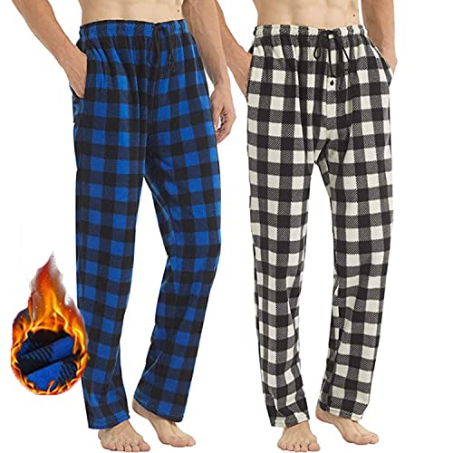 LANBAOSI Herren-Pyjamahose, Fleece, 2er-Pack, karierte, flauschige Lounge-Hose, karierter Pyjama, lange Thermo-Schlaf-Nachtwäsche, Hose mit Taschen von LANBAOSI