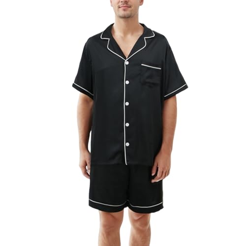 LANBAOSI Herren Satin Schlafanzug Kurzarm Pyjama Set Zweiteiliger Nachtwäsche Loungewear Set mit Knopfleiste von LANBAOSI