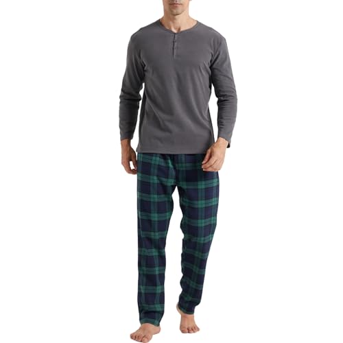 LANBAOSI Herren Schlafanzug lang Zweiteiliger Pyjama Herren lang Warm Winter Langarm Shirt & Schlafanzughose Fleece Karierte Pyjamahose Grün Large von LANBAOSI