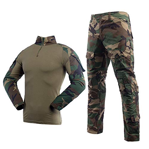 LANBAOSI Herren Taktisches Kampfhemd und Hose Set Langarm Multicam Woodland BDU Jagd Militär Uniform 1/4 Reißverschluss, Dschungeltarn, L von LANBAOSI