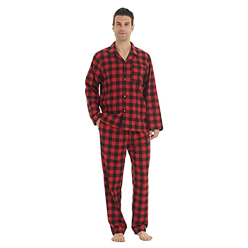LANBAOSI Schlafanzug-Set für Herren, aus weichem Baumwollflanell, langärmlig, mit Knopfleiste, rot, L von LANBAOSI