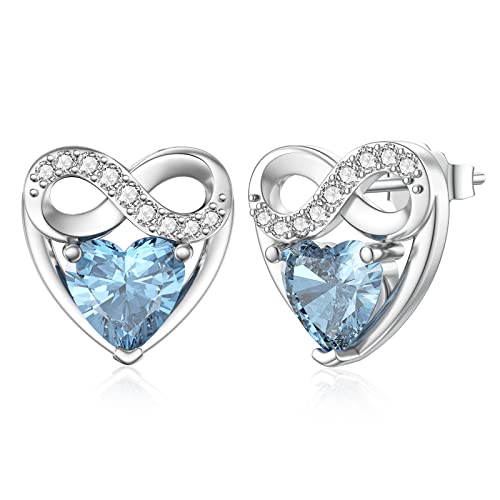 LANBEIDE März Geburtsstein Ohrringe, 925 Sterling Silber Unendlichkeit Liebe Herz Ohrstecker Aquamarin Ohrringe für Frauen Geburtstagsgeschenke von LANBEIDE