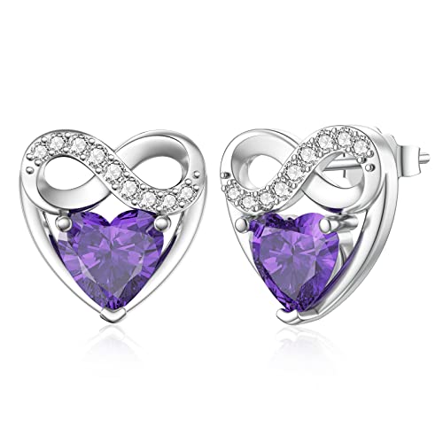 LANBEIDE Silber Ohrstecker für Damen, Februar Geburtsstein Herz Ohrringe 925 Sterling Silber Unendlichkeit Liebe Herz Hypoallergen Amethyst Ohrringe Geburtstagsgeschenke von LANBEIDE