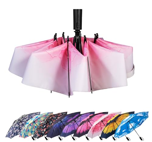 LANBRELLA Regenschirm, kompakt, umgekehrt, zusammenklappbar, automatisches Öffnen, automatisches Schließen, T2.7 Red Lotus von LANBRELLA