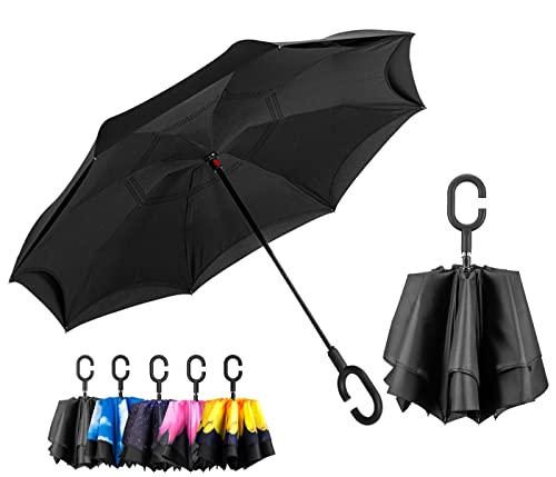 LANBRELLA Regenschirm, tropfsicher, doppellagig, umgekehrter Regenschirm, C-förmiger Griff, winddicht, kompakt zusammenklappbar – Schwarz von LANBRELLA