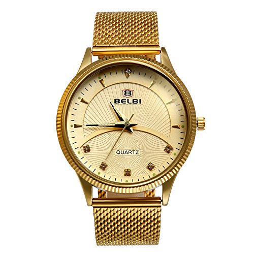 Lancardo Herren Uhren Edelstahl Armband Mesh Gold, Freundschafts Armbanduhr, Casual Analog Quarz Zeitloses Strass Design klassisch Uhr für Lieben Valentinstag Paar Paare Geschenk von Lancardo