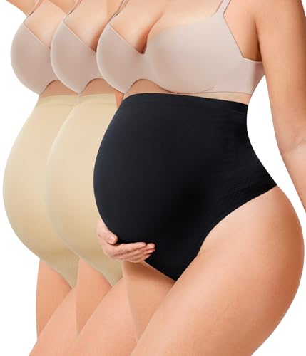 LANCS 3 Packungen Umstands-Tangas, Unterwäsche, Umstands-Shorts, Schwangerschaftsunterwäsche, Höschen für Baby-Show-Kleid, Schwarz + 2er-Pack Beige, S von LANCS