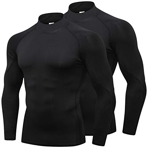 LANDUNSI 2 Pack Herren Mock Rollkragen-Kompressionsshirt Fußball Langarm Sport Unterhemd Athletic Running Baselayer, 2er-Pack: Schwarz, L von LANDUNSI