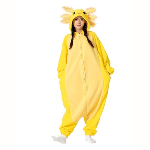 LANFAN Erwachsene Onesie Axolotl Kostüm Pyjama Herren Damen Unisex Cosplay Tier Plüsch Nachtwäsche Halloween Jumpsuit für Männer Frauen Schlafanzug von LANFAN