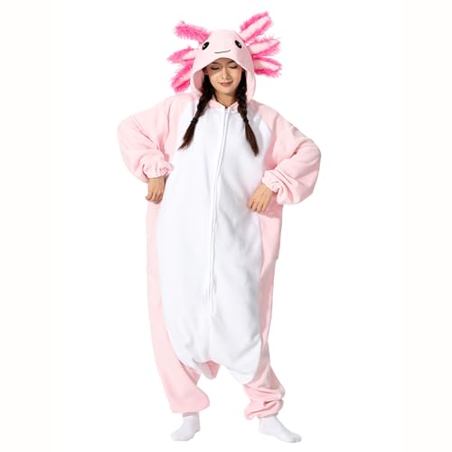 LANFAN Erwachsene Onesie Axolotl Kostüm Pyjama Herren Damen Unisex Cosplay Tier Plüsch Nachtwäsche Halloween Jumpsuit für Männer Frauen Schlafanzug von LANFAN