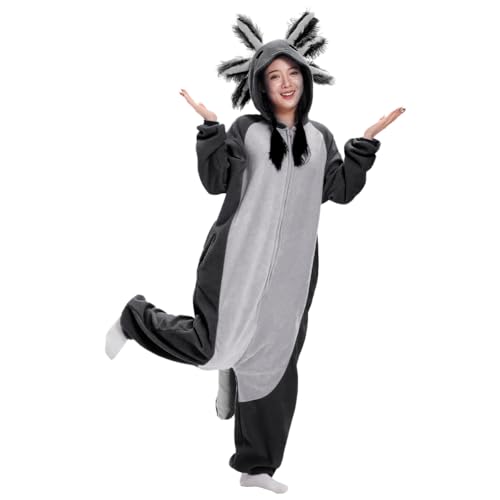 LANFAN Erwachsene Onesie Axolotl Kostüm Pyjama Herren Damen Unisex Cosplay Tier Plüsch Nachtwäsche Halloween Jumpsuit für Schlafanzug (DE/NL/SE/PL, Alphanumerisch, L, Regular, Regular, schwarz) von LANFAN