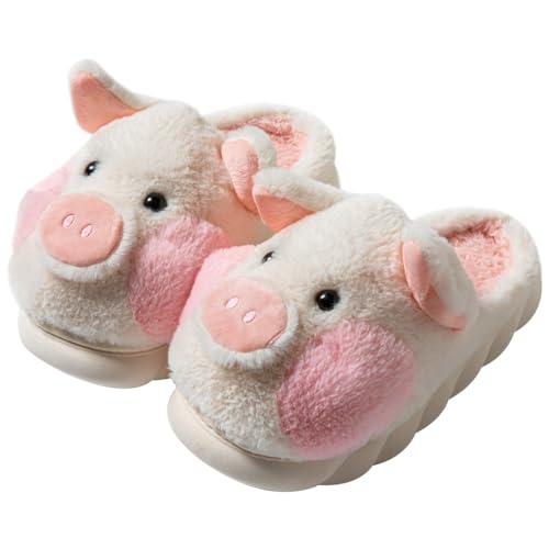 LANFIRE Big Kid und Erwachsene Baumwolle Hausschuhe Schwein Hausschuhe Plüsch Hausschuhe Tier Hausschuhe Damen Schuhe (Beige, 37/38, numeric_37) von LANFIRE