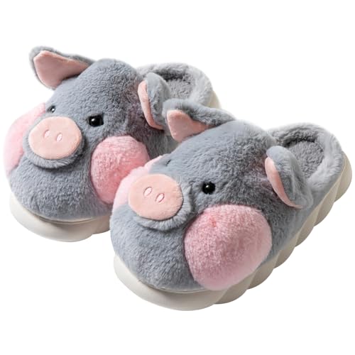 LANFIRE Big Kid und Erwachsene Baumwolle Hausschuhe Schwein Hausschuhe Plüsch Hausschuhe Tier Hausschuhe Damen Schuhe (Grey, 41/42, numeric_41) von LANFIRE