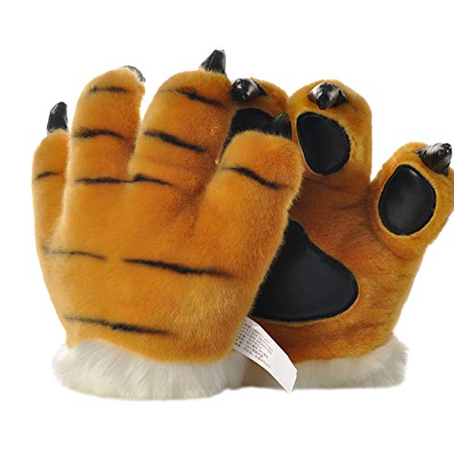 LANFIRE Flauschige künstliche Tiger und Dinosaurier Paw Handschuhe, Stirnband und Schwanz Kostüme Cosplay Tiger oder Dinosaurier Party Kostüm (Yellow tiger gloves) von LANFIRE