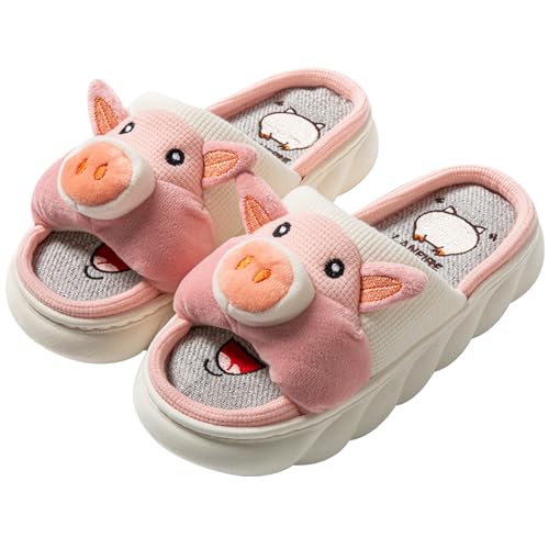 LANFIRE Hausschuhe für Damen Frosch Kuh Schwein Tier Hausschuhe Flachs haushalts pantoffeln Fun Cartoon Hausschuhe (Pink, Erwachsene, Damen, 40, Numerisch (von/bis), EU Schuhgrößensystem, 41, M) von LANFIRE