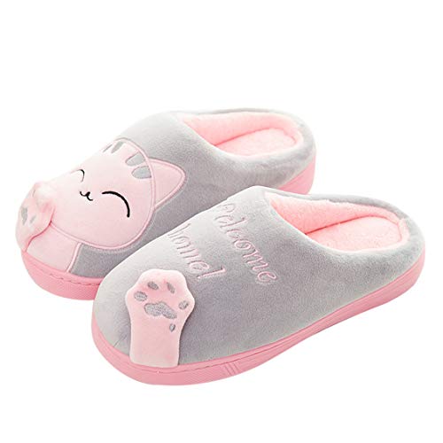 LANFIRE Herren Winter Hausschuhe Damen Hausschuhe，Tierpantoffeln mit Cartoon Katze und Pfote rutschfeste Indoor Home Hausschuhe (38/39 EU, Grey) von LANFIRE